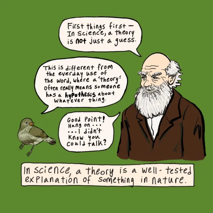 The text reads: In science, a theory is not just a guess. This is different from the everyday use of the word where a "theory" often means someone has a hypothesis about something. A scientific theory is a well-tested explanation of something in nature.