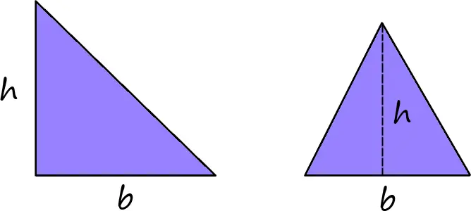 Two triangles with their base and height labeled. One triangle is a right triangle, while the other is equilateral.