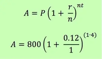 A = P(1 + r/n)^(nt)

A = 800(1 + 0.12/1)^(1 * 4)