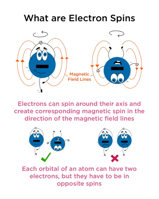 What are electron spins? Electrons can spin around their axis and create corresponding magnetic spin in the direction of the magnetic field lines. Each orbital of an atom can have two electrons, but they have to be in opposite spins.
