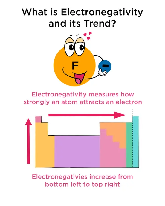 
Electronegativity measures how strong an atom attracts an electron. And the strength of electronegativities increases from the bottom left of a periodic table to the top right. 
