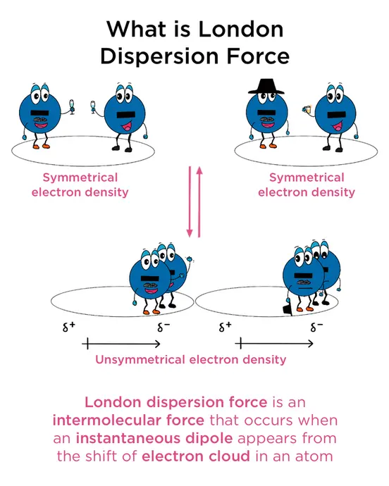 What is the London dispersion force? It is an intermolecular force that occurs when an instantaneous dipole appears from the shift of electron cloud in an atom.