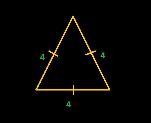 Equilateral triangle with all three sides marked 4, using tick marks to show the sides are equal.