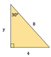 This is a right triangle. The hypotenuse has length 8. One angle adjacent to the right angle measures 30 degrees. The side opposite the 30 degree angle has length 4. The final side is labeled y.