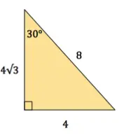 This is a right triangle. The hypotenuse has length 8. One angle adjacent to the right angle measures 30 degrees. The side opposite the 30 degree angle has length 4. The final side has length 4 times the square root of 3.
