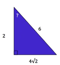A right triangle with sides 2, 4 times the square root of 2, and 6. The angle between the sides 2 and 6 is labeled with a question mark.