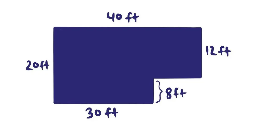 An irregular polygon with the top side of length 40 ft, the left side of length 20 ft, the bottom side of length 30 ft, the right side of length 12 ft. 