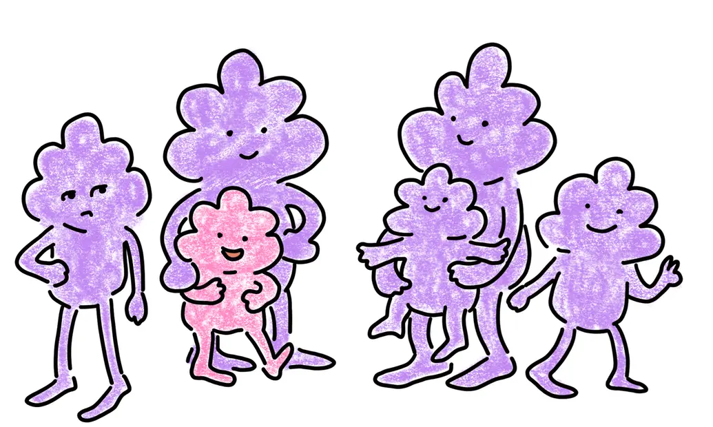 This is an illustration showing a lumpy cartoon family. There is a mother and father with four children. The whole family is purple except one of the children, who is pink.