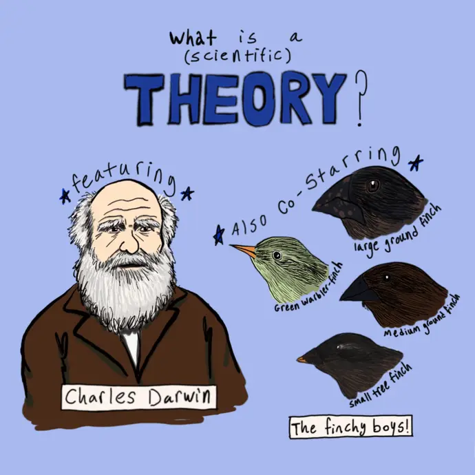This is a comic explaining what a scientific theory is. This first panel shows Charles Darwin and some of his Galapagos finches, who will star in the comic.