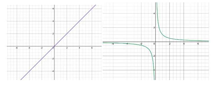 Left: graph of y=x
Right: graph of y=1/x