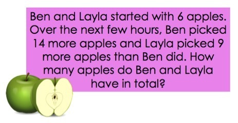 Ben and Layla started with 6 apples. Over the next few hours, Ben picked 14 more apples and Layla picked 9 more apples than Ben did. How many apples do Ben and Layla have in total?
