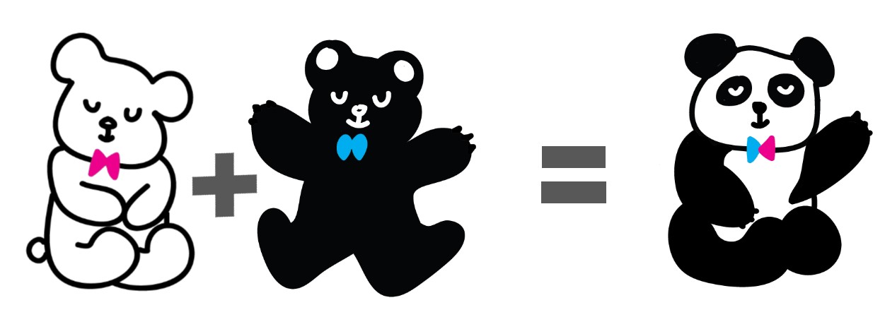 A white bear and a black bear mate. The offspring looks similar to a panda bear in coloration. It has a white head and belly, but the arms, legs, and ears are black.